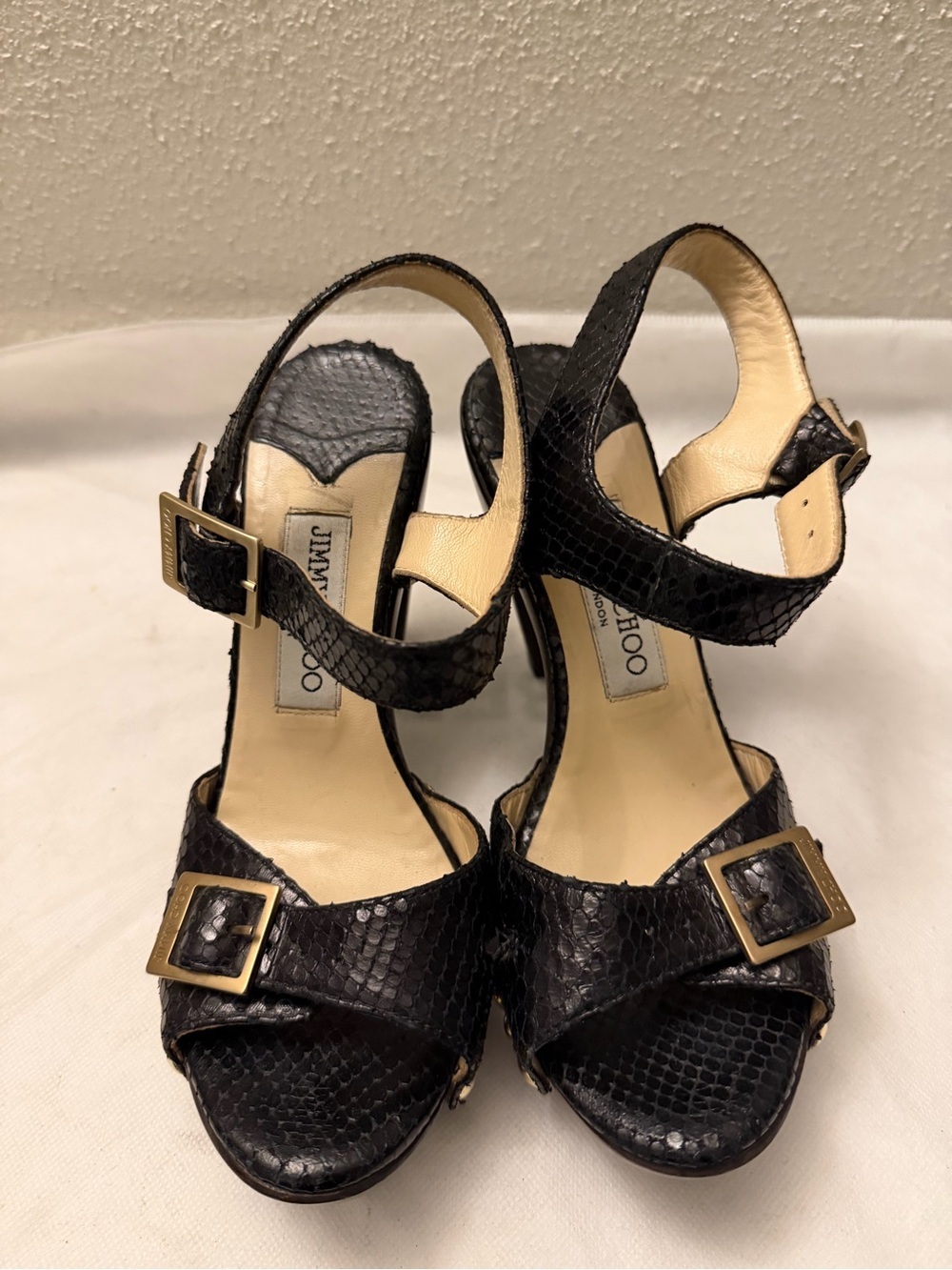 Jimmy Choo Black Snakeskin Platform Heeled Sandals with Gold Buckles, pre-owned